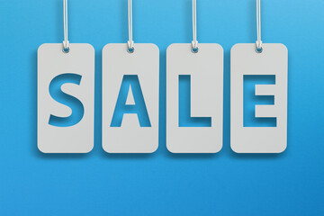 Sale concept, tag for shopping isolated on blue background