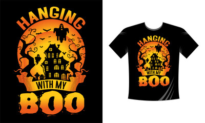 Hanging with my boo - Best Halloween T-Shirt Design Template. Pumpkin, Night, Moon, Witch, Mask. Night background T-Shirt for print.