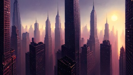 Dark neon city with New York skyscrapers, Light in the windows, neon streets, top view of the city, sunset. 3D illustration.