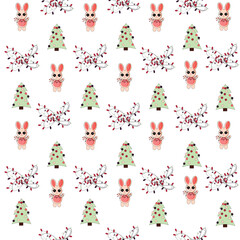 Seamless pattern with Christmas rabbit cartoons