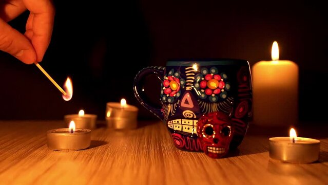 Candle igniting with match by dia de los muertos or day of the dead skull mug