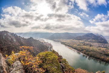 Panorama of Duernstein village with castle and Danube river during autumn in Austria, UNESCO