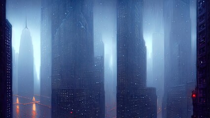 Dark neon city with New York skyscrapers, Light in the windows, neon streets, top view of the city, sunset. 3D illustration.