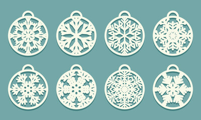 Snowflakes laser cutting Christmas balls cut out of paper Set of sample Templates Xmas tree decoration Card for party laser or plotter cut printing serigraphy or wood carving
