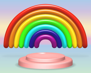 Fototapeta premium Pink podium on blue sky with rainbow background. Creative ideas minimal. For product presentation or display mockup design. Realistic 3d element for pedestal winner, banner, stage