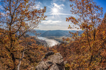 Panorama of Duernstein village with castle and Danube river during autumn in Austria, UNESCO