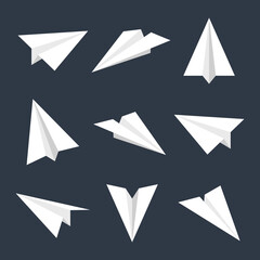 Realistic white paper planes collection. Handmade origami aircraft in flat style. Paper toy for a child. Business concept element, project startup and goal achievement. Vector illustration