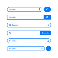 Various search bars with outline border. Internet browser engine with search box, address bar and text field. UI design, website interface element, web icons and push button. Vector illustration