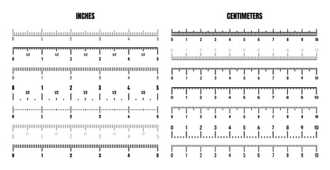 Realistic black centimeter and inch scale for measuring length or height. Various measurement scales with divisions. Ruler, tape measure marks, size indicators. Vector illustration