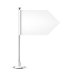 Realistic table flag on a chrome steel pole. Blank white desk flag made of paper or fabric. Shiny metal stand. Mockup for promotion and advertising. Vector illustration
