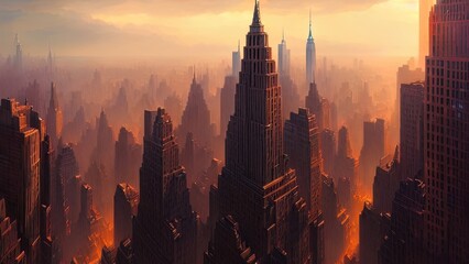 Dark neon city with New York skyscrapers, Light in the windows, neon streets, top view of the city, sunset. 3D illustration.