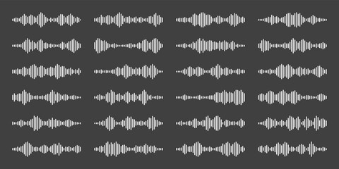 Voice message, mail. Social media chat conversation. Messaging app, music player, audio or video editor interface element. Voice assistant recorder. Sound wave pattern. Dark mode. Vector illustration