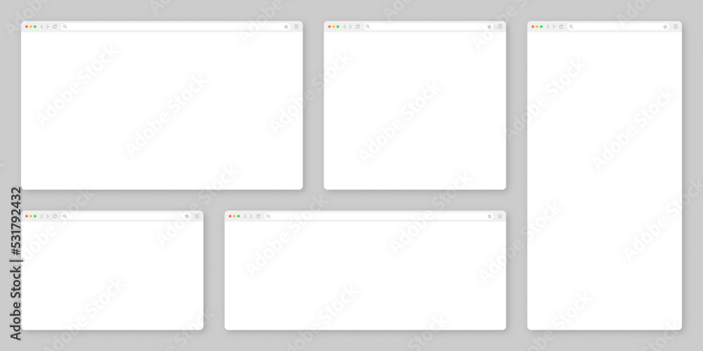 Poster Blank web browser window with toolbar and search field. Modern website, internet page in flat style. Browser mockup for computer, tablet and smartphone. Adaptive user interface. Vector illustration