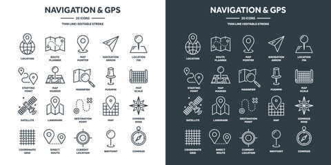 Naklejka premium Navigation map and geolocation, GPS positioning. Coordinate grid quadrants, cardinal points, location finder. Travel route and waypoints planning. Thin line web icons set. Vector illustration