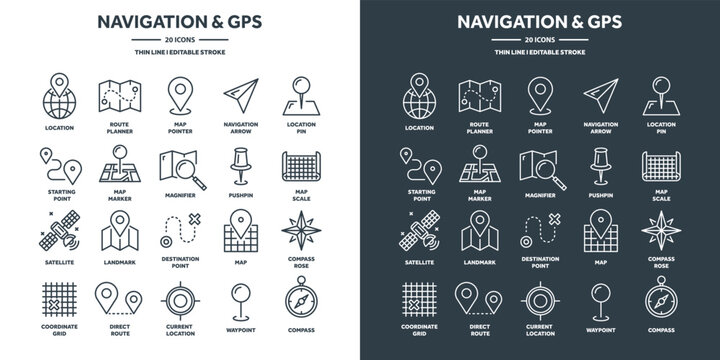 Navigation map and geolocation, GPS positioning. Coordinate grid quadrants, cardinal points, location finder. Travel route and waypoints planning. Thin line web icons set. Vector illustration