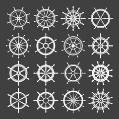 Collection of white vintage steering wheels. Ship, yacht retro wheel symbol. Nautical rudder icon. Marine design element. Vector illustration