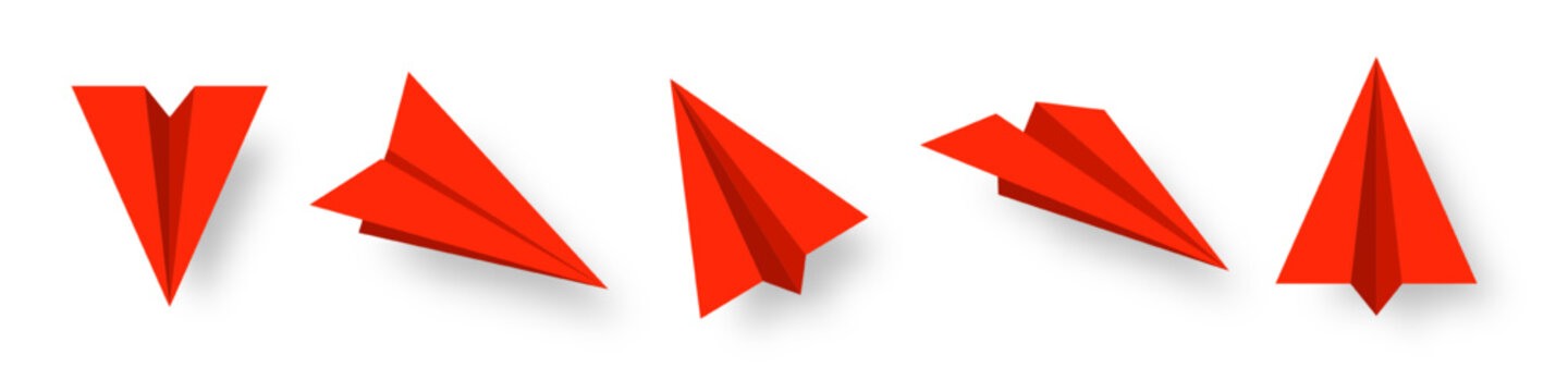 Realistic red paper planes collection. Handmade origami aircraft in flat style. Paper toy for a child. Business concept element, project startup and goal achievement. Vector illustration