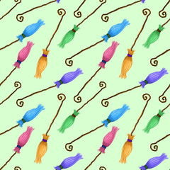 Magic flying brooms. watercolor illustration. witch's broom. Seamless pattern