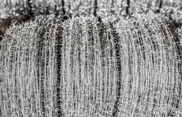 Bales of metal stehes, wires and metal structures. Warehouse on the production of metal products metal.