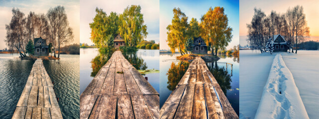 fairy house. Four Seasons Collage - Spring, Summer, Autumn, Winter. nature of Ukraine