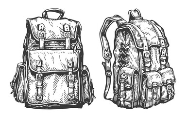 Travel backpack vintage sketch. Camping, hiking bag. Adventure concept. Expedition, backpacking vector illustration - obrazy, fototapety, plakaty