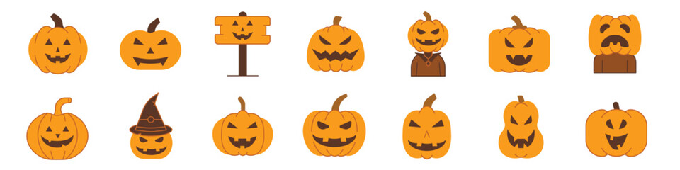 Set of 14 Halloween Jack-o'-lantern pumpkin faces. Icon set in black fill style.
