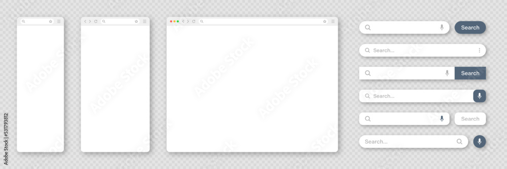 Poster blank internet browser window with various search bar templates. web site engine with search box, ad
