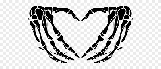 Skeleton hands howing heart shape. T-shirt print for Horror or Halloween. Hand drawing illustration isolated on white background. Vector EPS 10