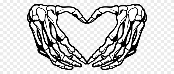Skeleton hands howing heart shape. T-shirt print for Horror or Halloween. Hand drawing illustration isolated on white background. Vector EPS 10