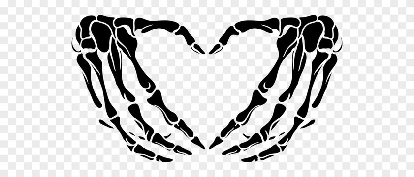Skeleton hands howing heart shape. T-shirt print for Horror or Halloween. Hand drawing illustration isolated on white background. Vector EPS 10