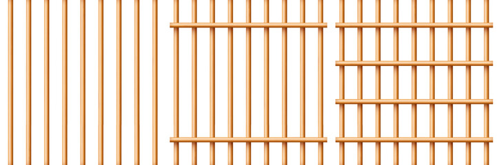 Realistic wooden lattice, rural picket fence. Farm or village house boundary, garden enclosing planks. Detailed wooden jail cage. Criminal background mockup. Creative vector illustration