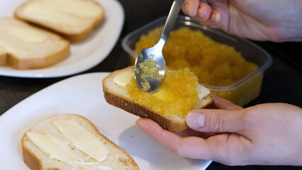 bread spread with salted pike caviar. close up