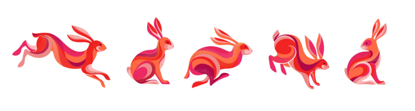Collection of running, jumping rabbits, bunnies illustrations. Chinese new year 2023 year of the rabbit, Chinese zodiac symbol. 