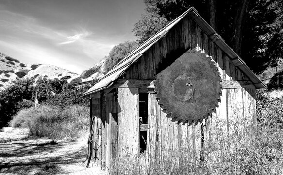 Black and white picture of abandoned  sawmill at Scorpion Ranch on Santa Cruz Island in the Channel Islands National Park - black and white