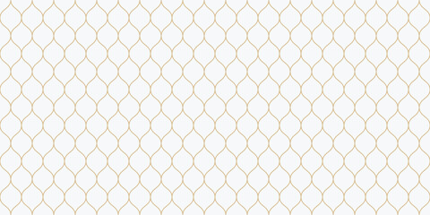 Vector seamless pattern, thin wavy lines. Gold texture of mesh, fishnet, lace, weaving, subtle lattice. Simple golden geometric background. Abstract repeat design for prints, decor, fabric, wallpaper