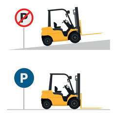 Properly parking the forklift on flat surfaces and not on slopes. Safety in handling a fork lift truck. Security First. Accident prevention at work. Industrial Safety and Occupational Health - obrazy, fototapety, plakaty