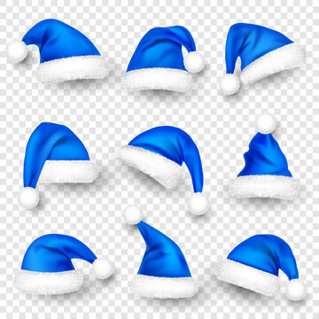 Various Santa Claus hats with fur. New Year blue hat, realistic winter cap. Christmas greeting card design element. Vector illustration