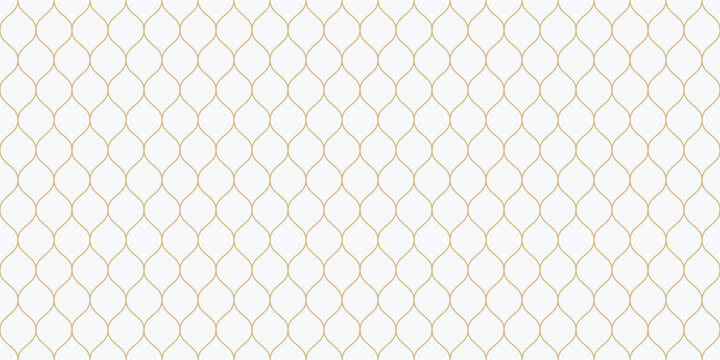 Vector seamless pattern, thin wavy lines. Gold texture of mesh, fishnet, lace, weaving, subtle lattice. Simple golden geometric background. Abstract repeat design for prints, decor, fabric, wallpaper