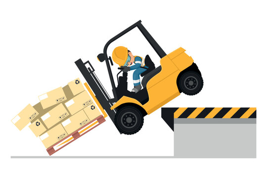 Overturning of forklift loading pallet of boxes. Stay inside the cabin. Safety in handling a fork lift truck. Security First. Work accident. Industrial Safety and Occupational Health