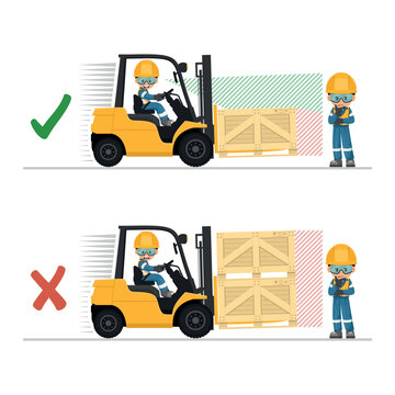 Blind spots of a forklift. Safety in handling a fork lift truck. Security First. Accident prevention at work. Industrial Safety and Occupational Health