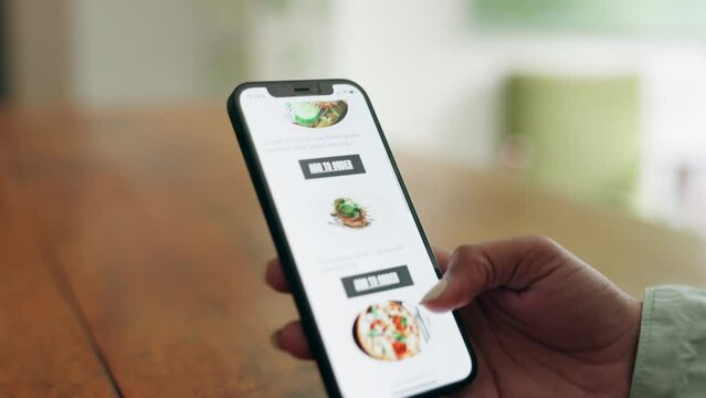 Food app, phone search and hands on the internet for lunch, online shopping for fast food on tech and on grocery store website for dinner. Woman on mobile for groceries and choice on web supermarket