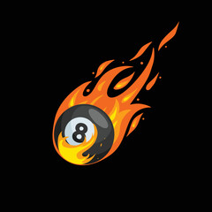 Vector detailed fireball illustration with pool 8 ball in the middle of it. Flying down with huge energy. Sports theme competition illustration.
