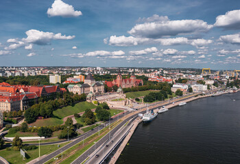 Summer panorama of Szczecin, Zachodniopomorskie, Poland. Aerial view on the Muzeum Narodowe, Politechnika morska and Urząd Wojewódzki at the famous Wały Chrobrego hill along the Oder river