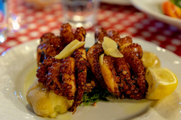 Selective focus of roasted octopus severed with potatoes and lime in white plate, Polvo a lagareiro...