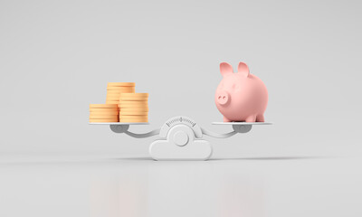 Pig piggy bank with stack of coins on scales against white background. 3d render illustration. Equilibrium.