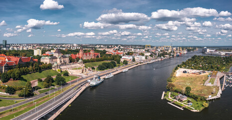 Summer wide panorama of Szczecin, Zachodniopomorskie, Poland. Aerial view on the Muzeum Narodowe,...