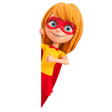 Cartoon character girl in super hero costume showing thumb up peeking out from behind an empty board. 3d render illustration.