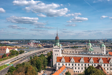 Aerial view on Pomeranian Dukes' Castle (Polish: Zamek Książąt Pomorskich) in Szczecin, Poland.