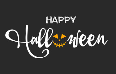 Happy halloween text banner with spooky pumpkin grimace  Vector illustration isolated on black background.