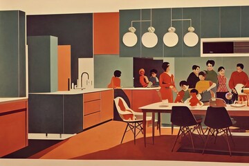 Mid Century modern women giving each other gifts for christmas